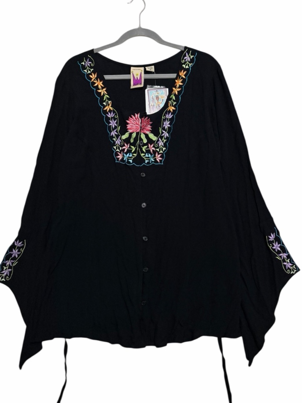 ORIGINAL ANTHONY NWT Black Floral Embroidered Button Down Bell Sleeve Top 1X
